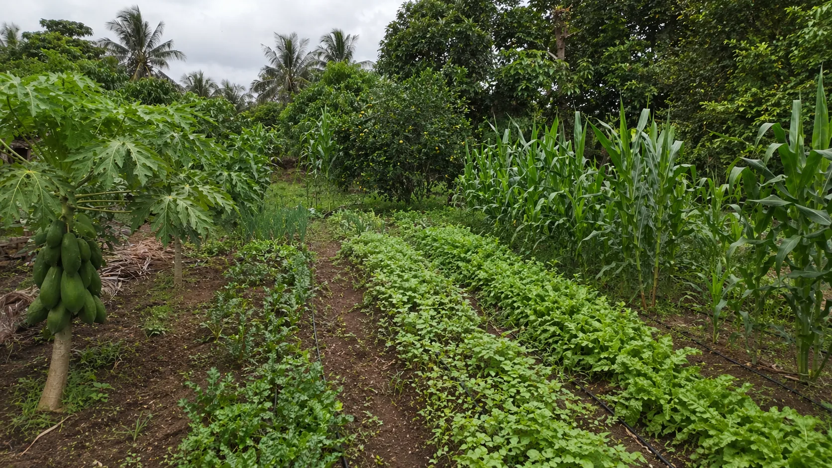 A productive farm area with maize, leafy vegetables, and fruit trees