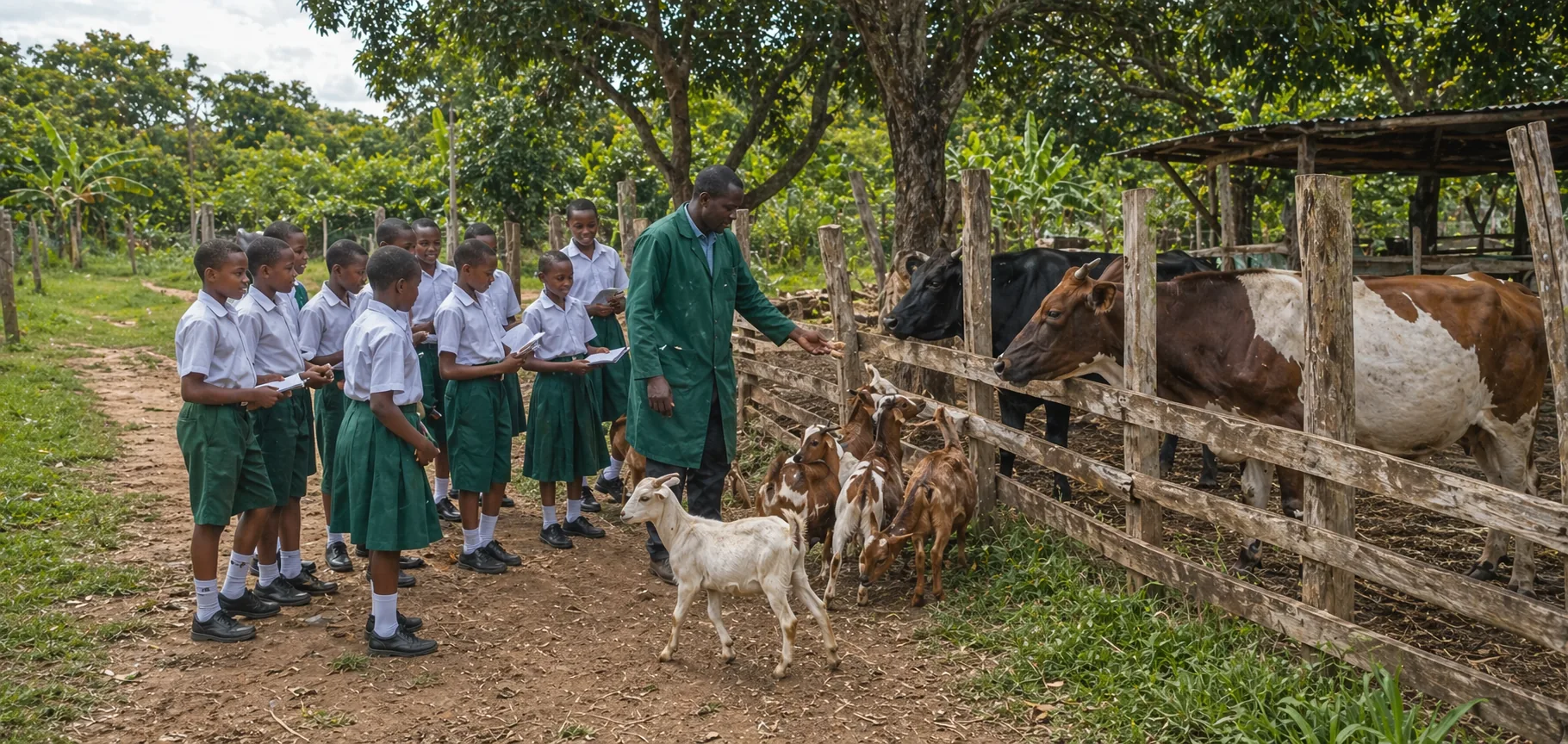 School pupils visiting Gitonga's Golden Farm with a farmer, goats, and cows